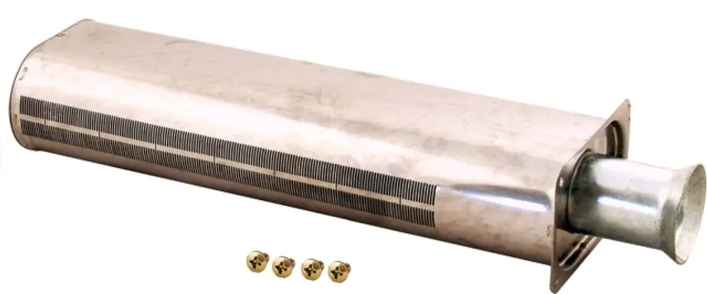 Edelstahl-Brünerlanze von Wolf mit vier Schrauben im Vordergrund, geeignet für Heizungsanwendungen. Das Produkt ist länglich mit einer metallischen Oberfläche.